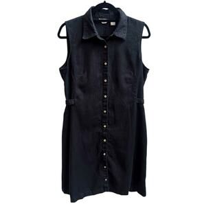 J Jill 100% Linen Black Dress Sz M Sleeveless Button Down Shirt Dress Preppy